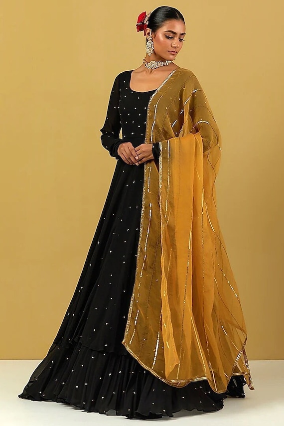 green emerald velvet dress Buy Black Embroidered Anarkali With Printed Dupatta