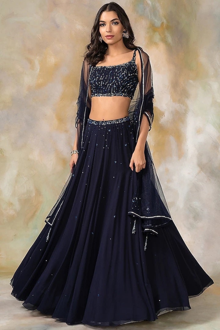 Dark Blue Embellished Lehenga Set main image 0
