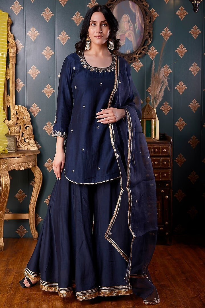 Royal Blue And Maroon Printed Gharara Set With Gota And Zari Work