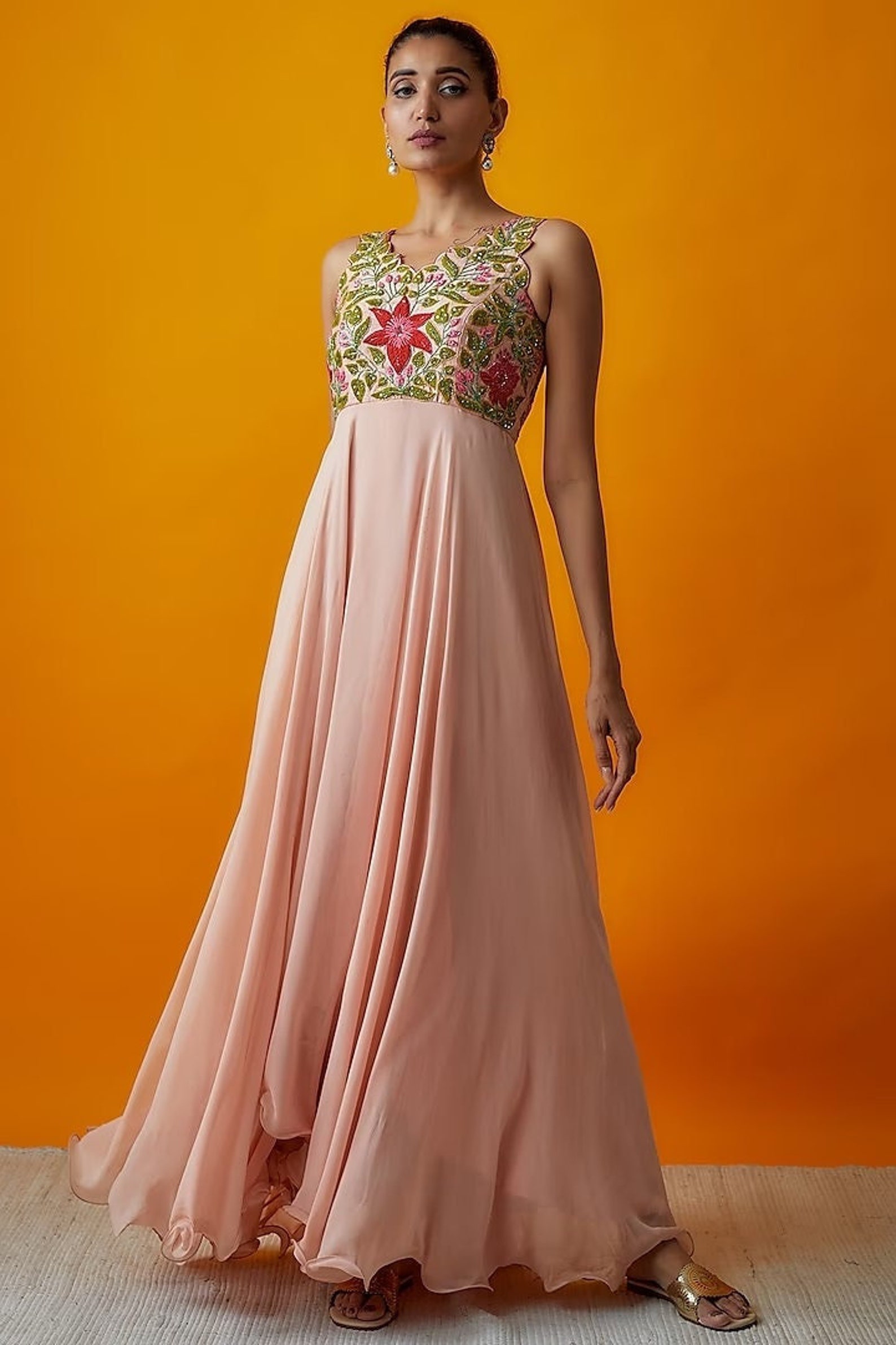 Peach Printed Georgette Dress