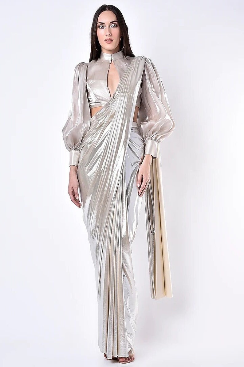 Silver Metallic Draped Saree SetCocktail Wedding Party handmade Zari Embroidery Bridesmaid Bridal Indian Designer Customisable RD FM image 1