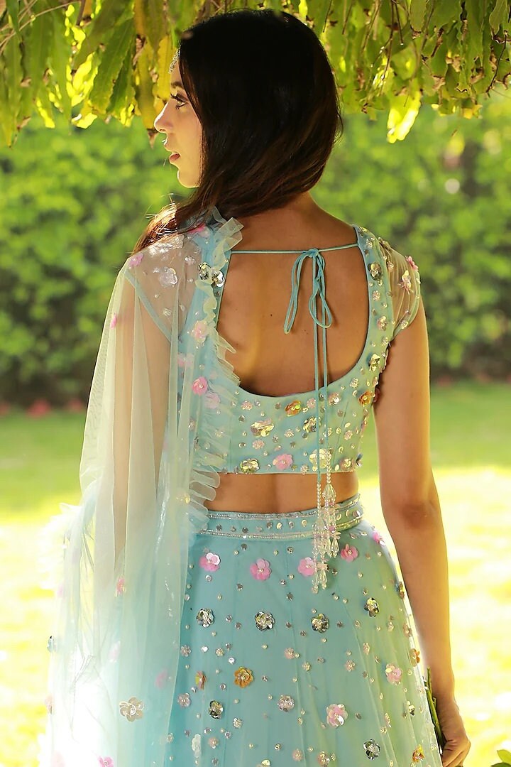 Sky Blue multi color 3Dflower heavy designer lehenga main image 1