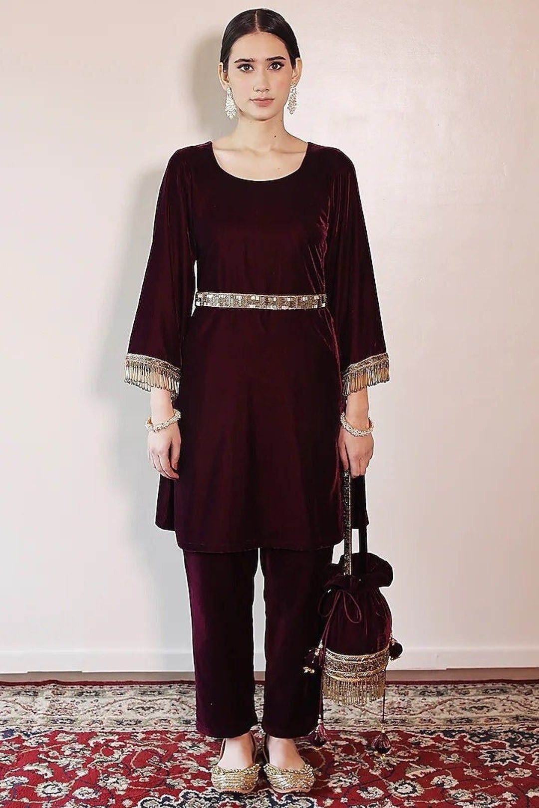 Elegant Maroon Co-ord Set with Embellished Pants