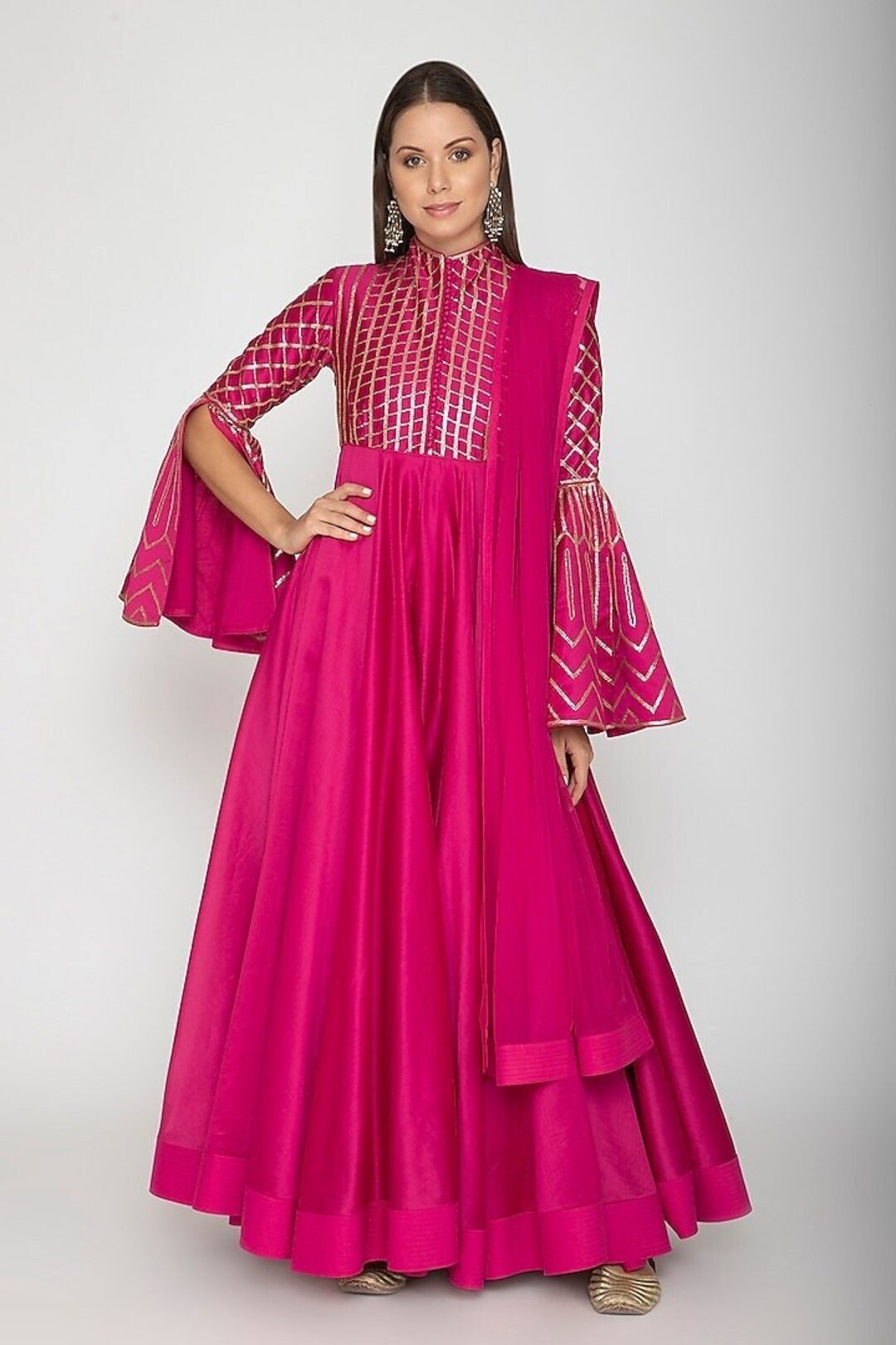 Women Fuchsia Floral Brocade Anarkali Maxi Kurta