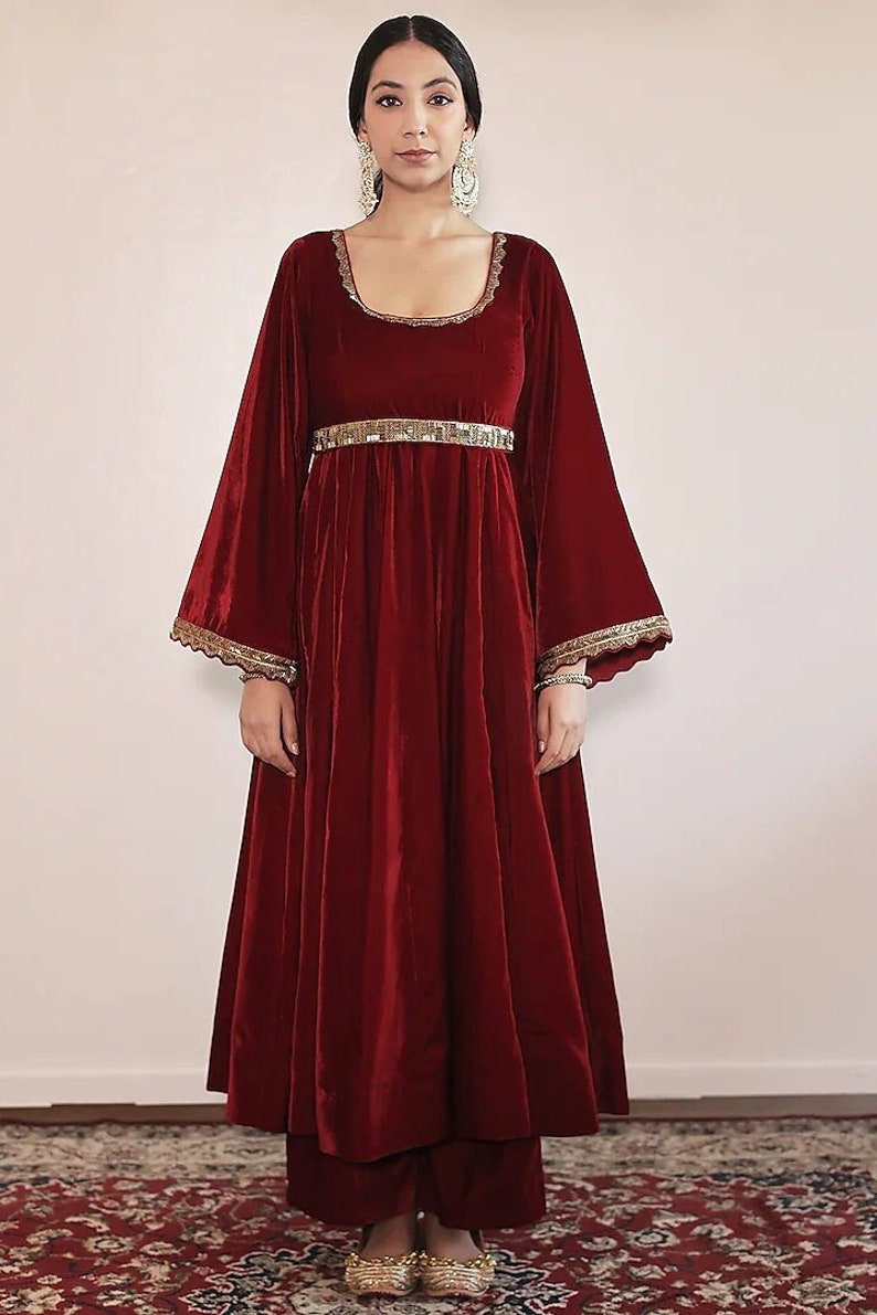 RED STAR MOTIF FRONT OPEN ANARKALI SET
