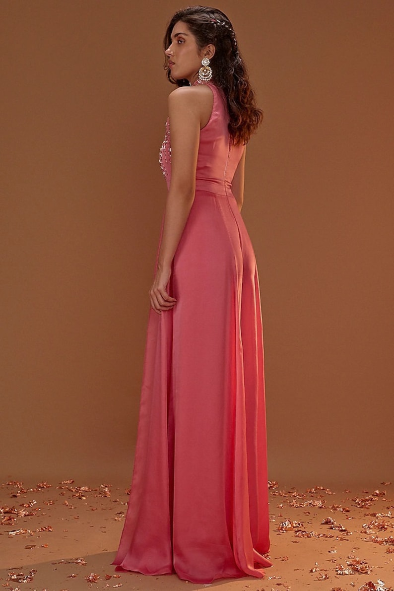 Salmon Pink Satin Jumpsuit With Overlaycocktail Wedding Party Etsy