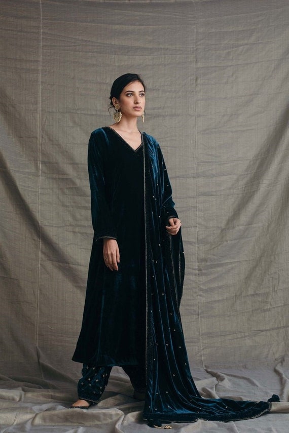 Christmas ,eid ,diwali Festive Winter Velvet Dresses Collection--peacock  Teal Velvet Suit Set - Etsy