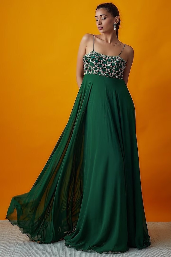 Featuring a Bottle Green Strappy Dress in Georgette Base With Floral  Embroidery. - Etsy Australia