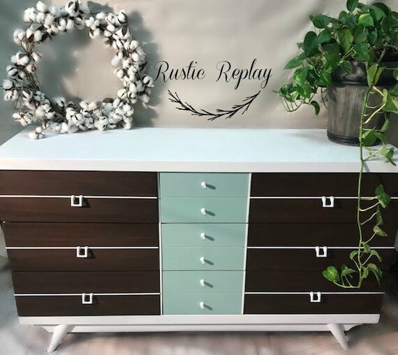 Mid Century Modern 6 Drawer Lowboy Dresser Walnut White Sea Etsy