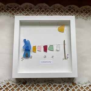 Sea Glass Pebble Art, Pebble Art Clothes Line, Gift for Her, Friendship Gift, Seaglass Picture, Housewarming Gift