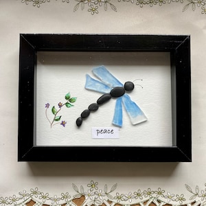 Sea Glass Pebble Art, Pebble Art Dragon Fly, Gift for Her, Friendship Gift, Seaglass Picture, Sympathy Gift, Peace