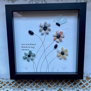 Sea Glass Pebble Art, Pebble Art Flowers, Gift for Her, Friendship Gift, Seaglass Picture, Best Friend Gift