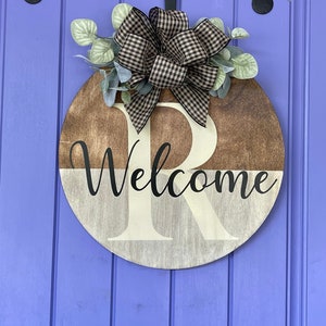 Front Door Décor, Welcome Sign for Front Door, Wooden Round Welcome to Our Home, Door Hanger with Initial