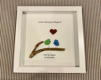 PERSONALIZED Sea Glass Pebble Art, Pebble Art Love Birds, Gift for Her, Valentines Day Gift, Seaglass Picture, Love