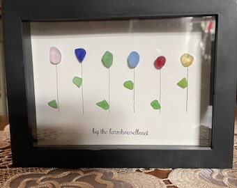 Sea Glass Pebble Art, Pebble Art Flowers, Gift for Her, Friendship Gift, Seaglass Picture, Sea Glass Roses