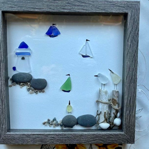 Sea Glass Pebble Art, Pebble Art Lighthouse, Gift for Her, Seaglass Picture, Coastal Artwork