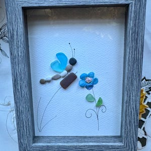 Sea Glass Pebble Art, Pebble Art Dragon Fly, Gift for Her, Friendship Gift, Seaglass Picture, Dragon Fly and Flower