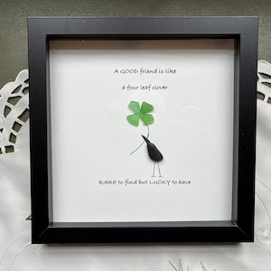 Sea Glass Pebble Art, Pebble Art Four Leaf Clover, Gift for Friend, Friendship Gift, Seaglass Picture, Irish Clover Gift