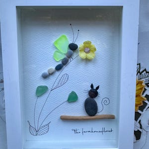 Sea Glass Pebble Art, Pebble Art Cat, Gift for Cat Lover, Friendship Gift, Seaglass Picture