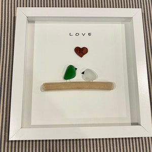 Sea Glass Pebble Art, Pebble Art Love Birds, Gift for Her, Valentines Day Gift, Seaglass Picture, Love