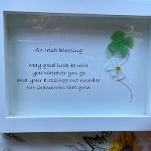 Sea Glass Pebble Art, Pebble Art Four Leaf Clover, Gift for Friend, Friendship Gift, Seaglass Picture, Irish Blessing