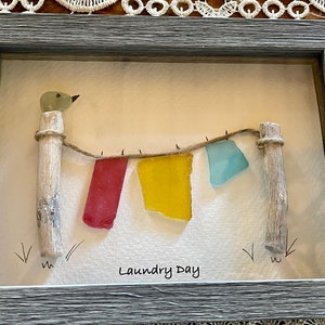 Sea Glass Pebble Art, Pebble Art Clothes Line, Gift for Her, Friendship Gift, Seaglass Picture, Housewarming Gift, Laundry Day