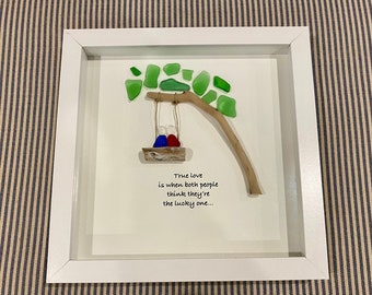 Sea Glass Pebble Art, Pebble Art Love, Gift for Her, Valentines Day Gift, Seaglass Picture, Couple on Swing