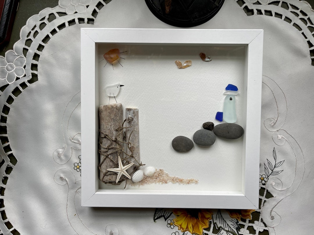 Sea Glass Pebble Art, Pebble Art Lighthouse, Gift for Her, Seaglass