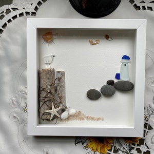 Sea Glass Pebble Art, Pebble Art Lighthouse, Gift for Her, Seaglass Picture, Coastal Artwork