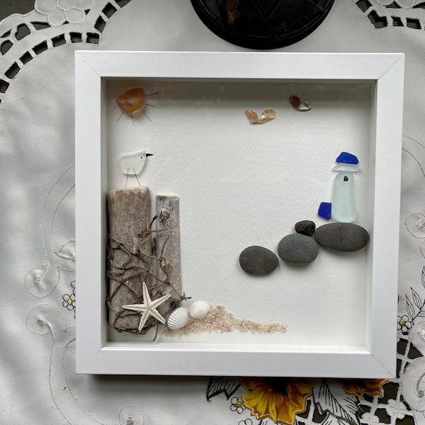 Sea Glass Pebble Art, Pebble Art Lighthouse, Gift for Her, Seaglass Picture, Coastal Artwork