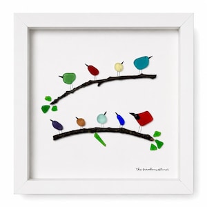 Sea Glass Bird Art • Coastal New England Decor • Pebble Art Birds • Cape Cod Inspired Gift • Coastal Cottage Wall Art