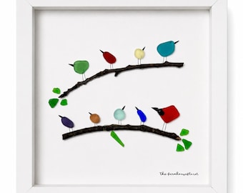 Sea Glass Bird Art • Coastal New England Decor • Pebble Art Birds • Cape Cod Inspired Gift • Coastal Cottage Wall Art