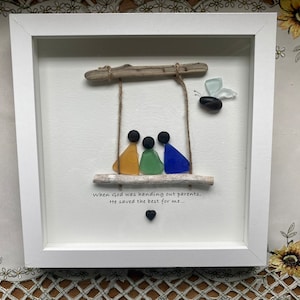 Sea Glass Pebble Art, Pebble Art Family, Gift for Parents, Family on Swing, Seaglass Picture, Parents and Child