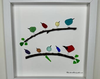 Sea Glass Pebble Art, Pebble Art Birds, Gift for Her, Friendship Gift, Seaglass Picture, Bird Lover Gift