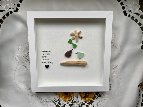 Authentic Sea Glass Love Birds. Mini Desk Art 3.4 X 4 Inches Made In