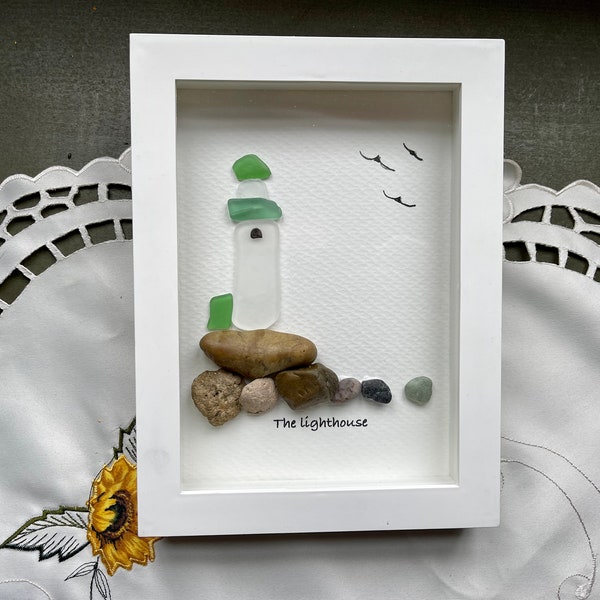 Sea Glass Pebble Art, Pebble Art Lighthouse, Gift for Her, Friendship Gift, Seaglass Picture, Coastal Decor