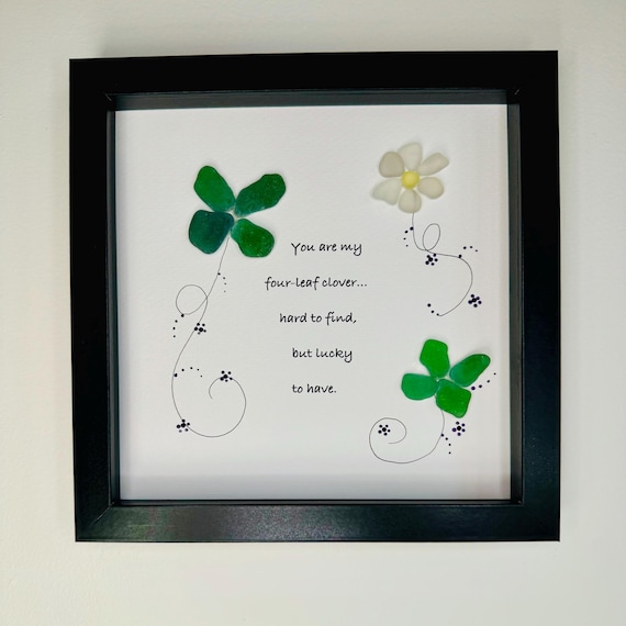 Sea Glass Pebble Art, Pebble Art Four Leaf Clover, Gift for