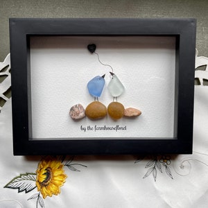 Sea Glass Pebble Art, Pebble Art Love Birds, Gift for Her, Valentines Day Gift, Seaglass Picture, Love