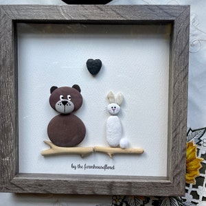 Sea Glass Pebble Art, Pebble Art Love, Gift for Her, Friendship Gift, Seaglass Picture, Bunny and Bear