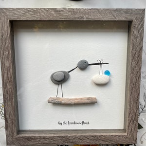 Sea Glass Pebble Art, Pebble Art Stork, Gift for Her, New Mom Gift, Seaglass Picture, Baby Shower Gift, Expectant Parents