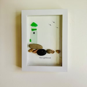 Sea Glass Pebble Art, Pebble Art Lighthouse, Gift for Her, Friendship Gift, Seaglass Picture, Coastal Decor