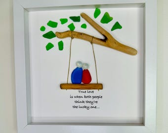 Sea Glass Pebble Art, Pebble Art Love, Gift for Her, Valentines Day Gift, Seaglass Picture, Couple on Swing