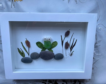 Sea Glass Frog Pebble Art - Framed Friendship Gift