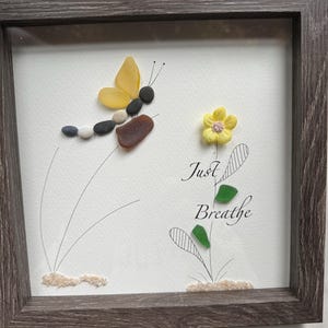 Sea Glass Pebble Art, Pebble Art Dragon Fly, Gift for Her, Friendship Gift, Seaglass Picture, Dragon Fly and Flower