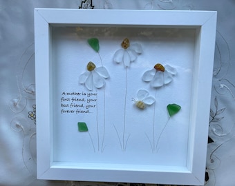 Sea Glass Pebble Art, Pebble Art Flowers, Gift for Mom, Mothers Day Gift, Seaglass Picture, Mother and Friend