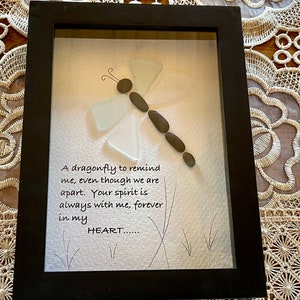 Sea Glass Pebble Art, Pebble Art Dragon Fly, Gift for Her, Friendship Gift, Seaglass Picture, Always In My Heart
