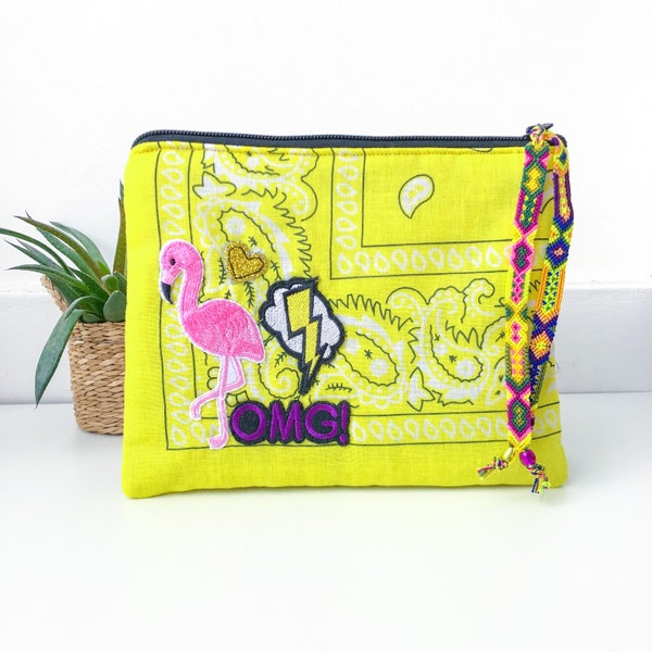 Pochette matelassée « 80’s » extérieur bandana JAUNE FLUO intérieur liberty