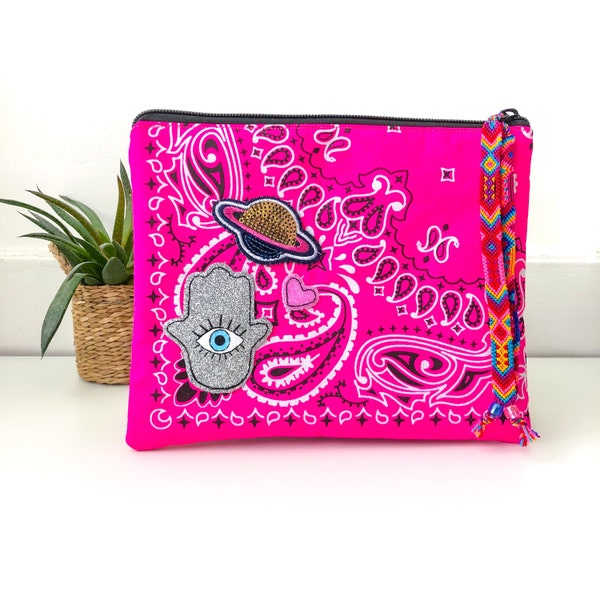 Pochette matelassée « 80’s » extérieur bandana ROSE FLUO intérieur liberty