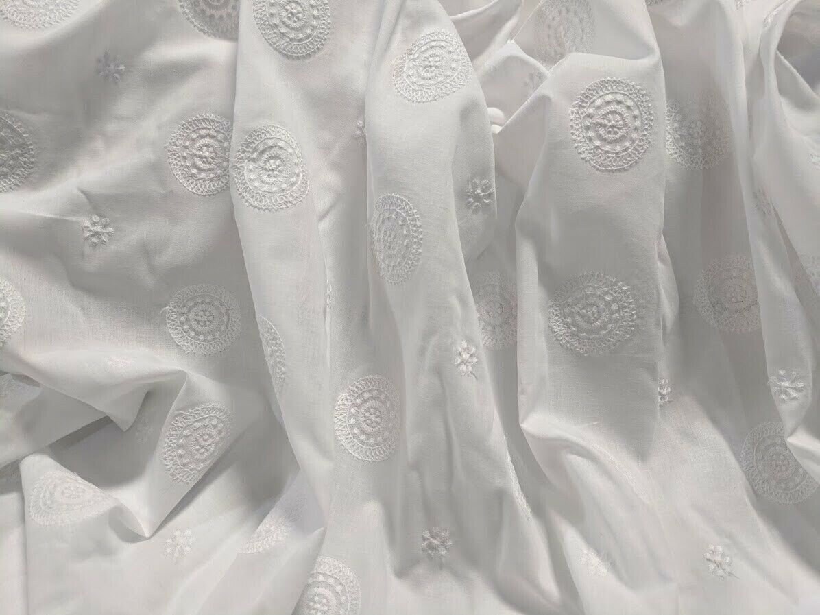 Bright White 100 Cotton Lawn Embroidered Medallion Design 55 Wide