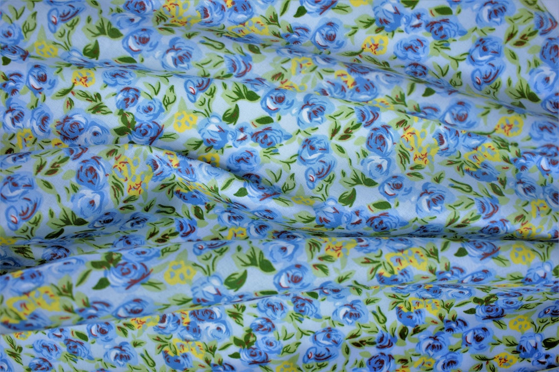 Blue Yellow Floral Print Quilting Fabric Craft Apparel Etsy